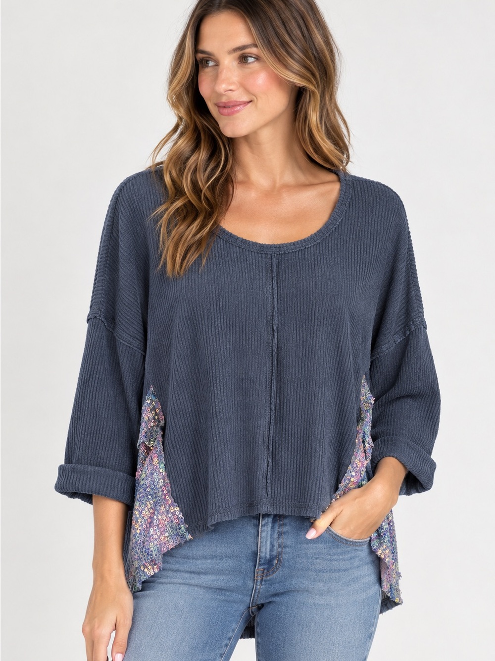 Originality Ribbed Knit Top with Sequins Accent, NWT, Oversized Small. P2P 24”
